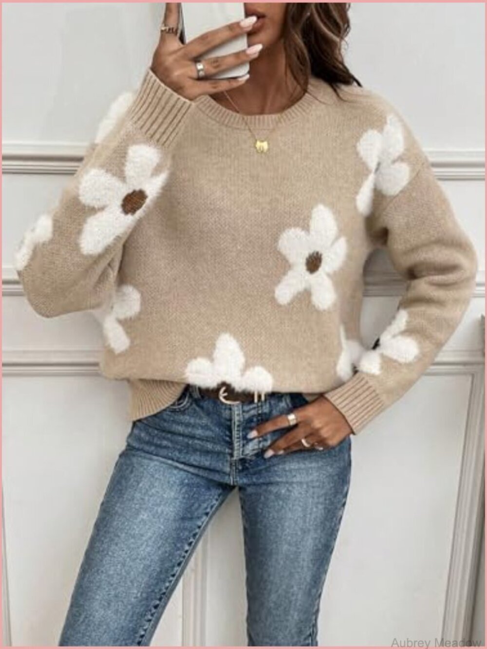 Women's Floral Crewneck Long Sleeve Drop Shoulder Pullover Sweater - Picture 4 of 7